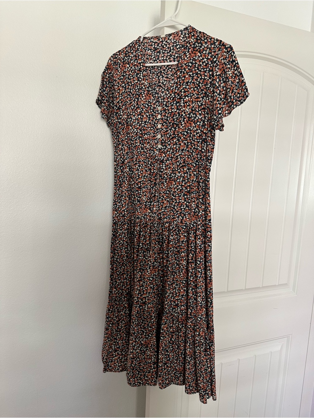 Vintage Floral Print Women's dress in Navy with Coral and White Flowers